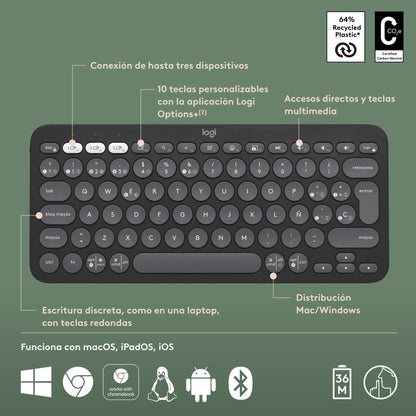 Teclado Bluetooth Logitech Pebble Keys 2 K380s Multidispositivo + Logitech M240 Silencioso Ratón Bluetooth Inalámbrico - Grafito