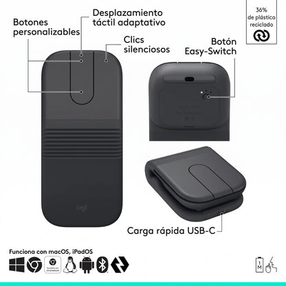 Mouse Inalámbrico Ultraportátil Logitech Mobi Fold con Diseño Plegable - Grafito