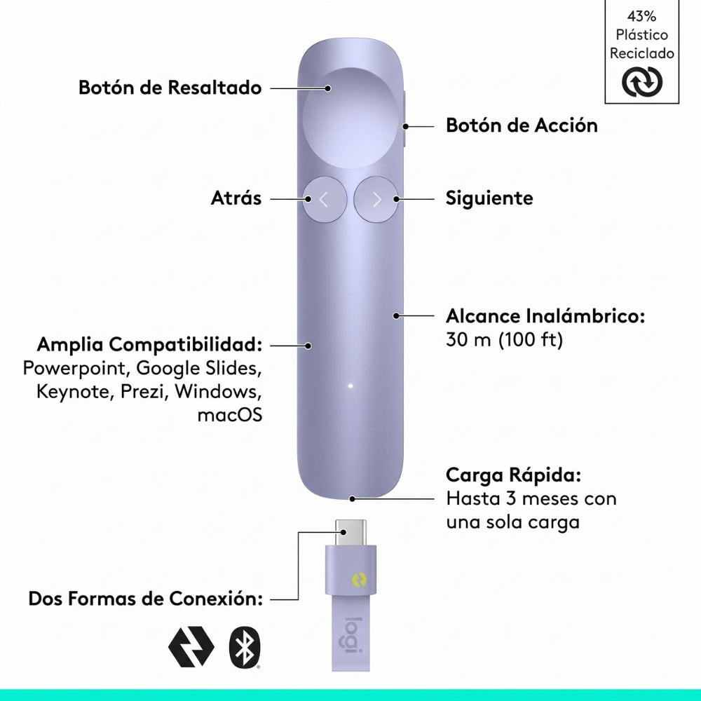 Presentador Inalambrico Logitech Spotlight 2 BT, USB-C - Lila
