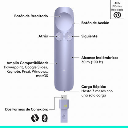 Presentador Inalambrico Logitech Spotlight 2 BT, USB-C - Lila