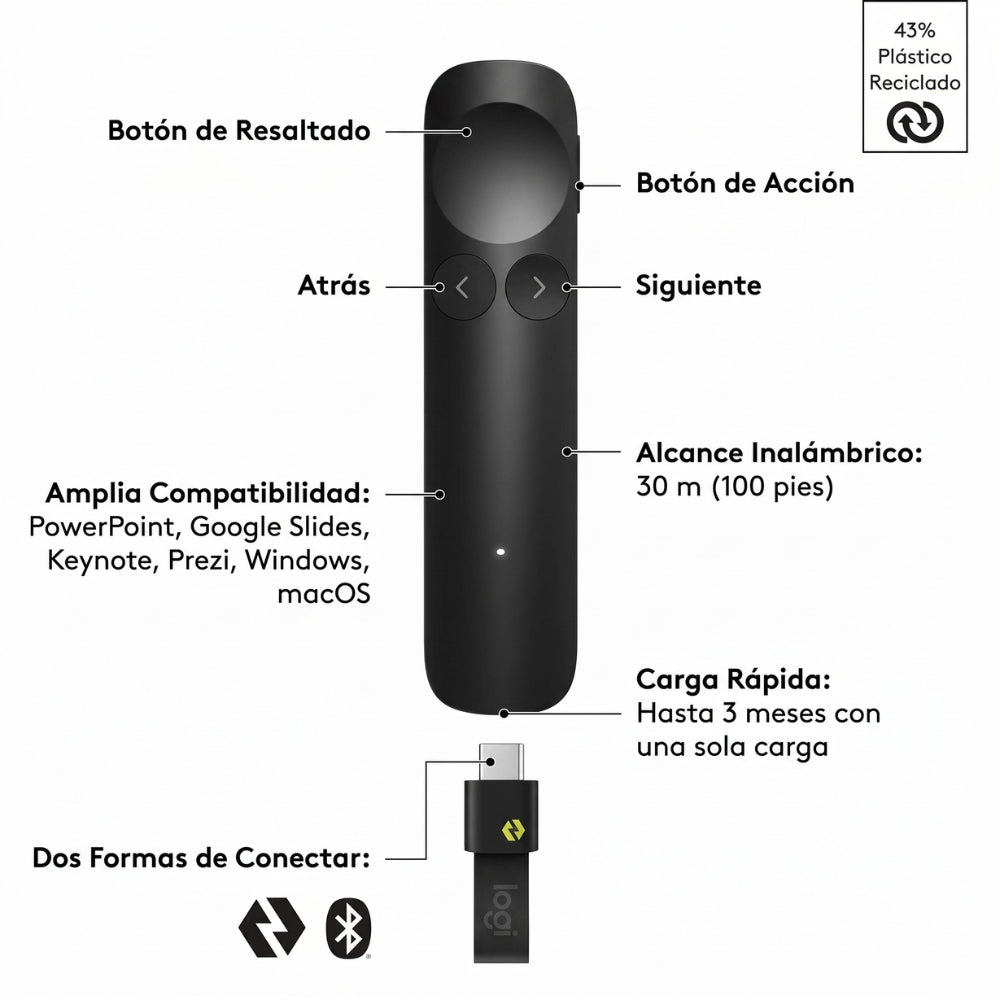 Presentador Inalambrico Logitech Spotlight 2 BT, USB-C - Negro
