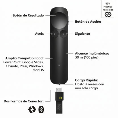 Presentador Inalambrico Logitech Spotlight 2 BT, USB-C - Negro