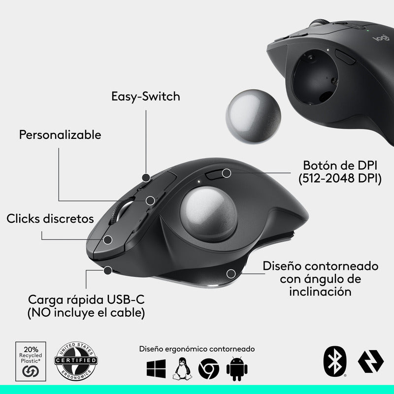 Mouse Trackball Avanzado Logitech MX Ergo S, Inalámbrico Bluetooth/Bolt