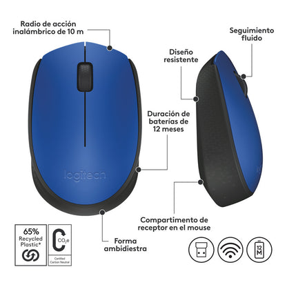 Mouse Inalámbrico Logitech M170 con Diseño Ambidiestro y Portátil, Azul/Negro