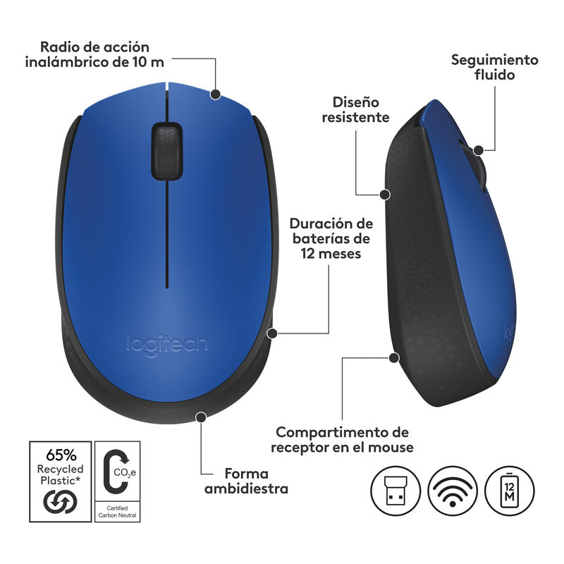 Mouse Inalámbrico Logitech M170 con Diseño Ambidiestro y Portátil, Azul/Negro