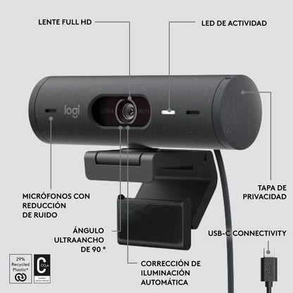 Webcam Full Hd 1080p, Rightlight 4, Logitech Brio 500 Negro