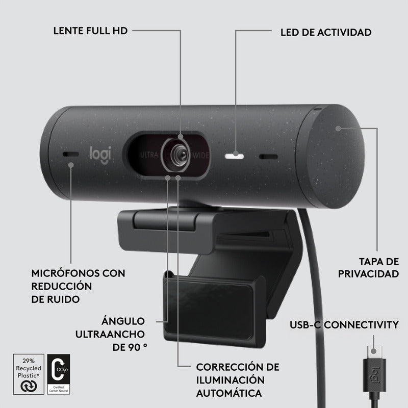 Webcam Full Hd 1080p, Rightlight 4, Logitech Brio 500 Negro