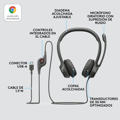 Diadema Usb Logitech H390, Mic Sin Ruido Y Controles Cable