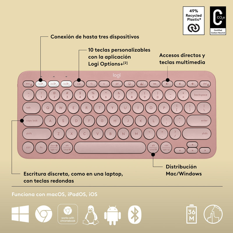Combo Logitech Bluetooth: Teclado K380s + Mouse M196, Rosa