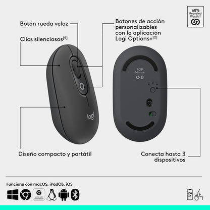 Combo Teclado Y Mouse Bluetooth, Logitech Pop Icon, Grafito