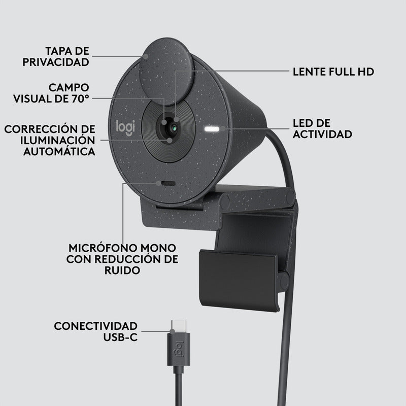 Webcam Logitech Brio 300 Full Hd 1080p Rightlight 2, Grafito