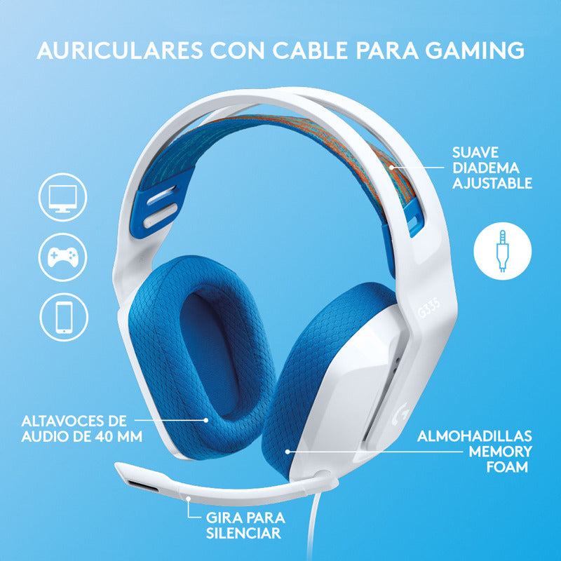 Diadema Gamer Logitech G335, Pc, Ps5, Xbox / Blanco Y Azul