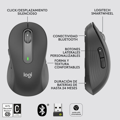 Mouse Inalámbrico BT/Bolt Logitech Signature M650 con Scroll SmartWheel, Grafito