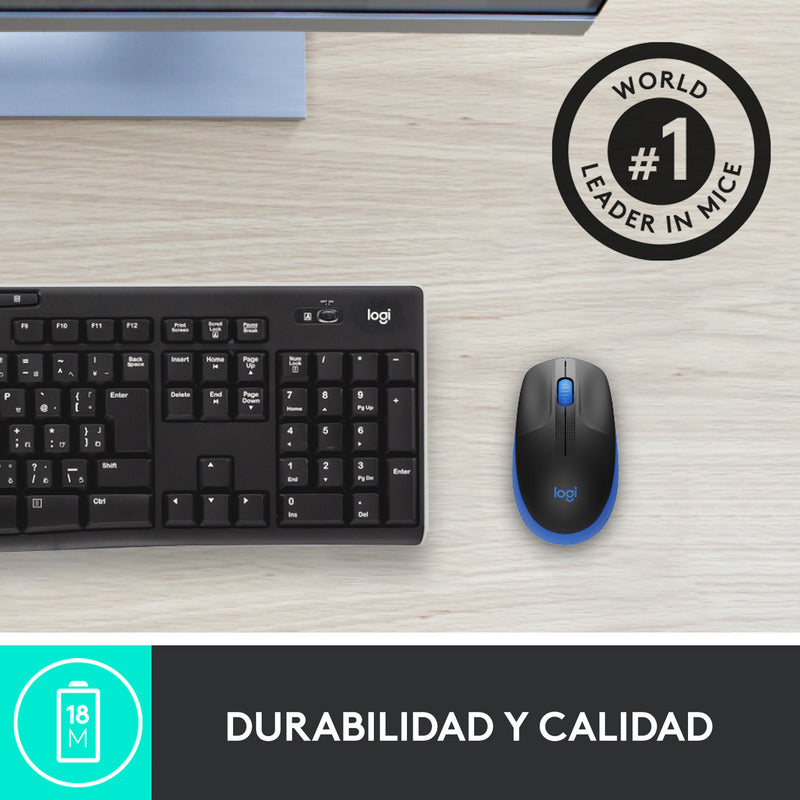Mouse Inalámbrico Full-size Logitech M190, Negro / Azul