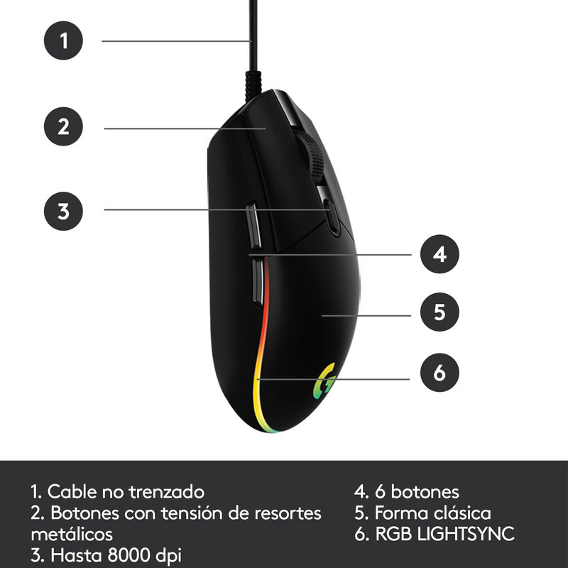 Mouse Gamer Rgb Logitech G203 Lightsync, 6 Botones, Negro