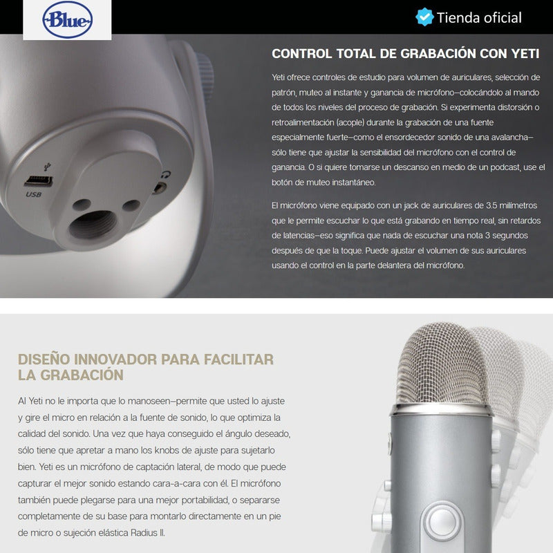Micrófono Usb Profesional Blue Yeti, Grabación Streaming Silver