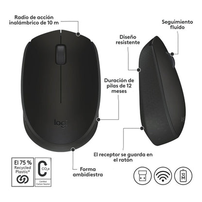 Mouse Inalámbrico Logitech M170,  Portátil, Win Mac Negro