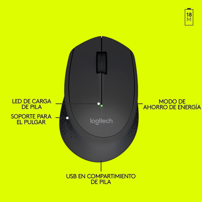 Mouse Inalámbrico Logitech M280, Cómodo Diseño Curvo, Negro