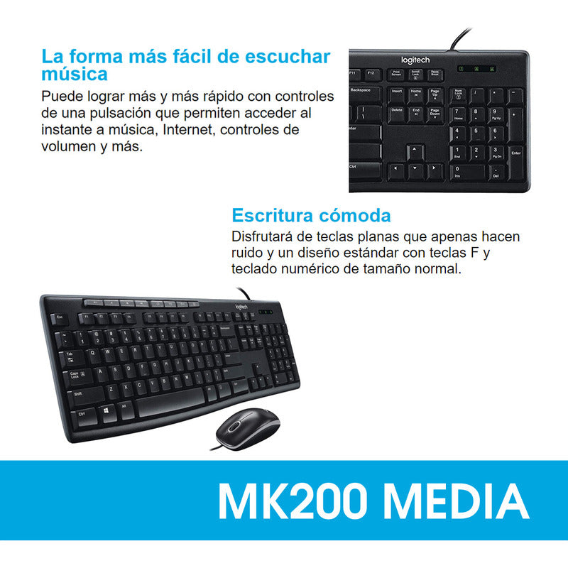 Combo Usb Logitech Mk200 Media, Teclado Multimedia Y Mouse