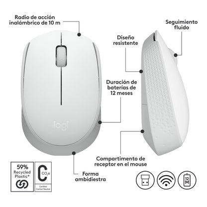 Mouse Inalámbrico Logitech M170, Cómodo Y Portátil, Blanco