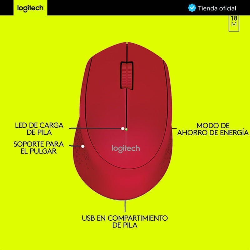 Mouse Inalámbrico Logitech M280, Cómodo Diseño Curvo, Rojo
