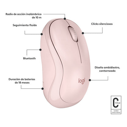Mouse Bluetooth Logitech M240 Silent, Un 90% Silencioso, Rosa