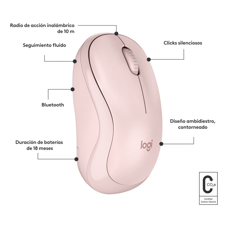 Mouse Bluetooth Logitech M240 Silent, Un 90% Silencioso, Rosa