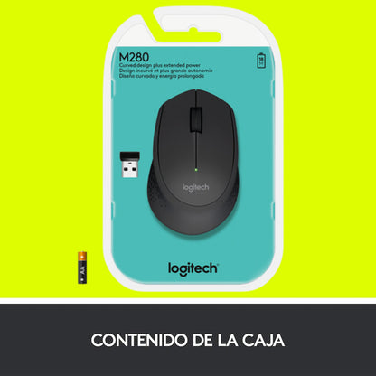 Mouse Inalámbrico Logitech M280, Cómodo Diseño Curvo, Negro