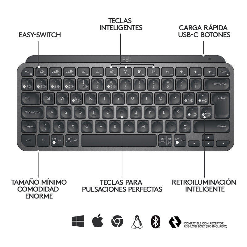 Teclado Avanzado Recargable, Logitech Mx Keys Mini, Grafito
