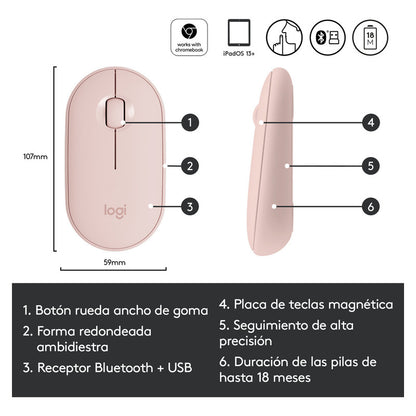 Mouse Inalámbrico Moderno Logitech Pebble M350 Rosado