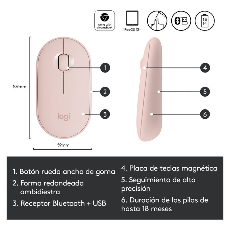 Mouse Inalámbrico Moderno Logitech Pebble M350 Rosado