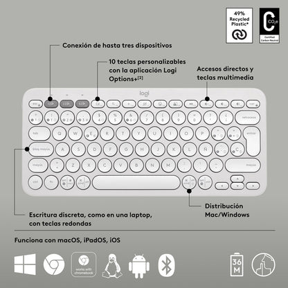 Combo Logitech Bluetooth: Teclado K380s + Mouse M196, Blanco