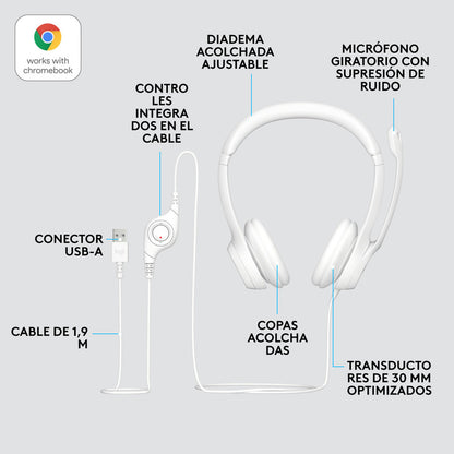 Combo Cámara Web Logitech Brio 300 + Diadema H390 Usb Blanco