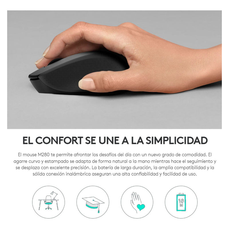 Mouse Inalámbrico Logitech M280, Cómodo Diseño Curvo, Gris