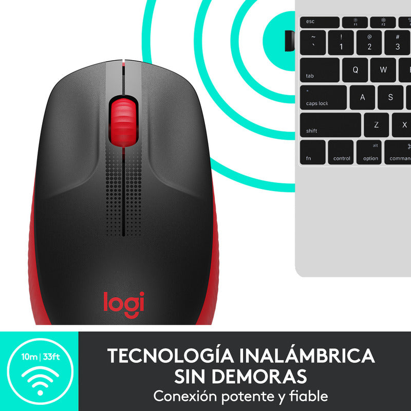 Mouse Inalámbrico Full-size Logitech M190, Negro / Rojo