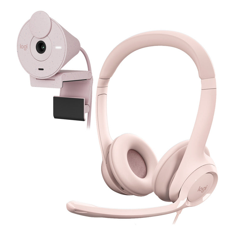 Combo Cámara Web Logitech Brio 300 + Diadema H390 Usb Rosa