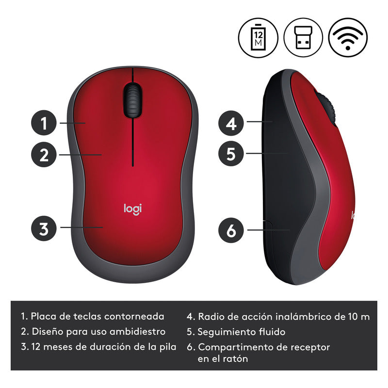 Mouse Inalámbrico Logitech M185, Win Mac Chrome Linux Rojo