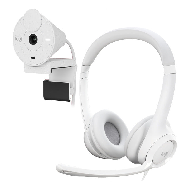 Combo Cámara Web Logitech Brio 300 + Diadema H390 Usb Blanco