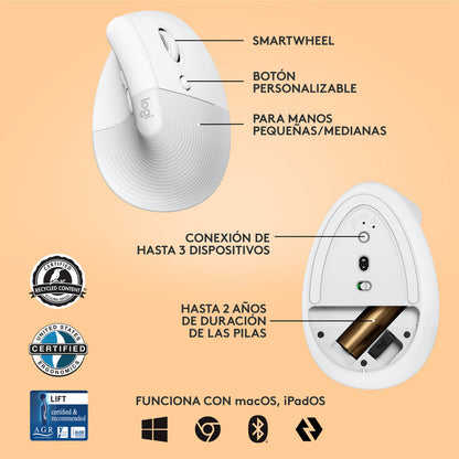 Mouse Ergonómico Logitech Lift Vertical Avanzado, Blanco