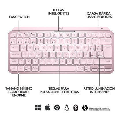 Teclado Avanzado Logitech Mx Keys Mini, Recargable, Rosado