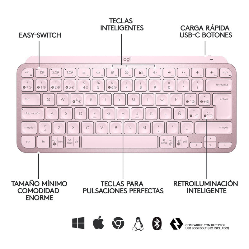 Teclado Avanzado Logitech Mx Keys Mini, Recargable, Rosado