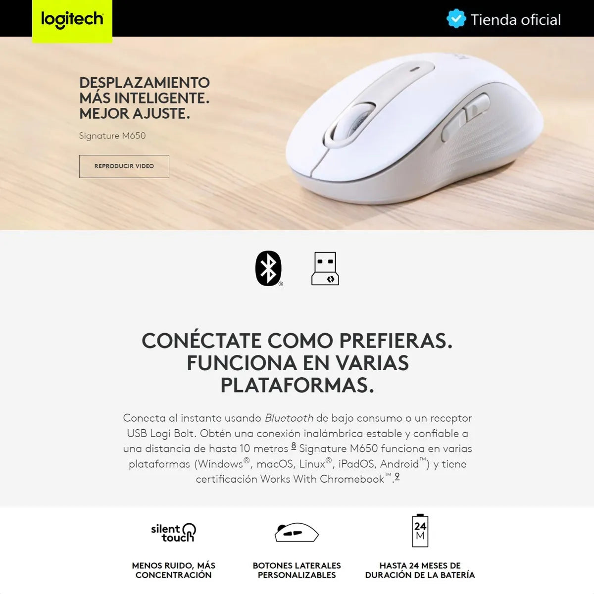 Mouse Inalámbrico BT/Bolt Logitech Signature M650 L con Scroll SmartWheel, Grafito