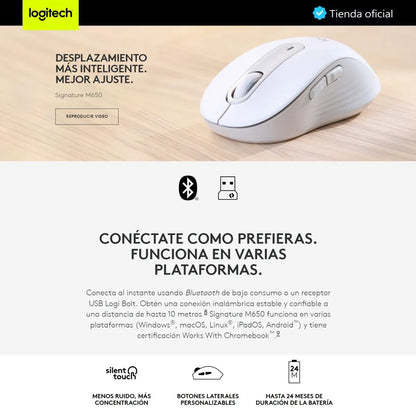 Mouse Inalámbrico BT/Bolt Logitech Signature M650 L con Scroll SmartWheel, Grafito