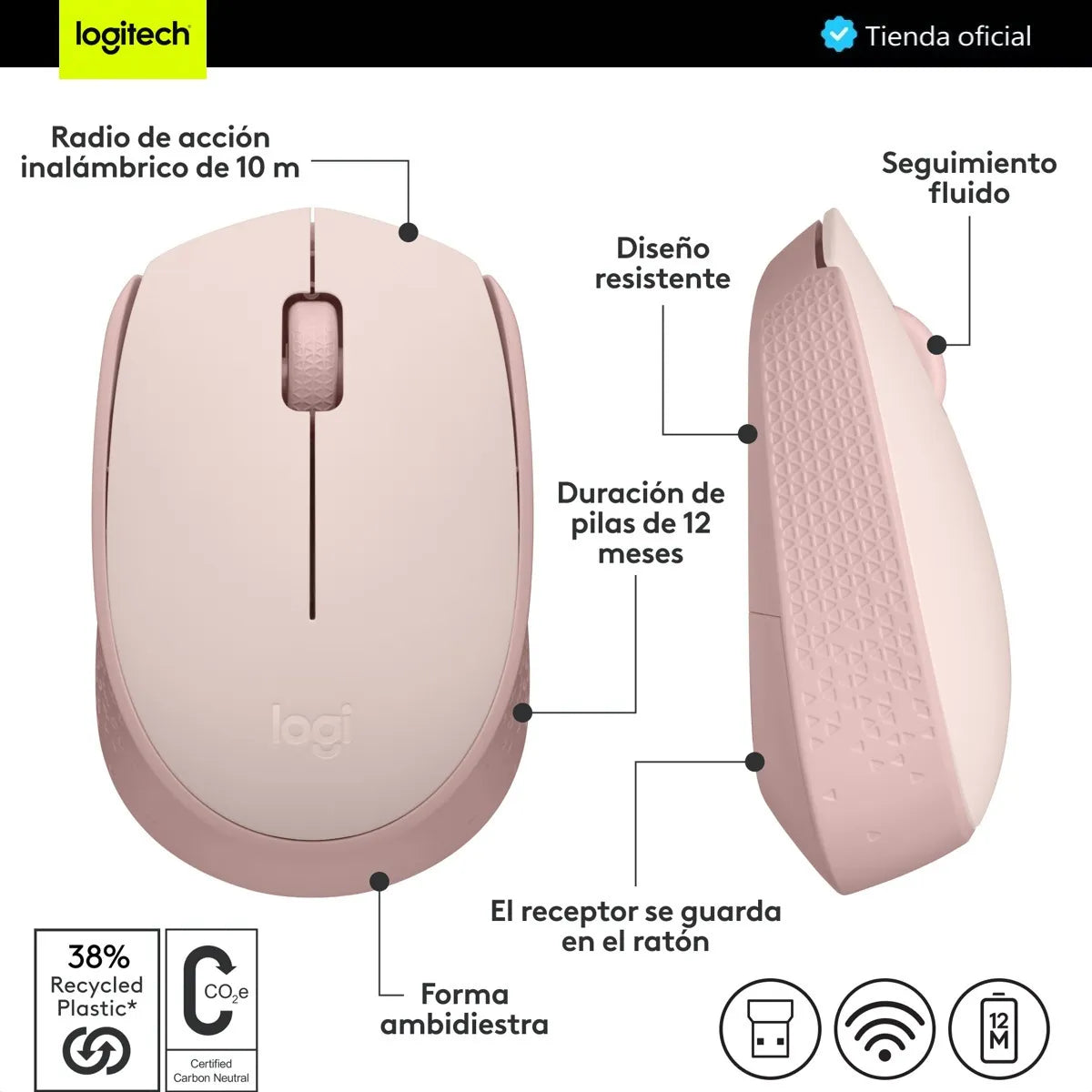 Mouse Inalámbrico Logitech M170 con Diseño Ambidiestro y Portátil, Rosa