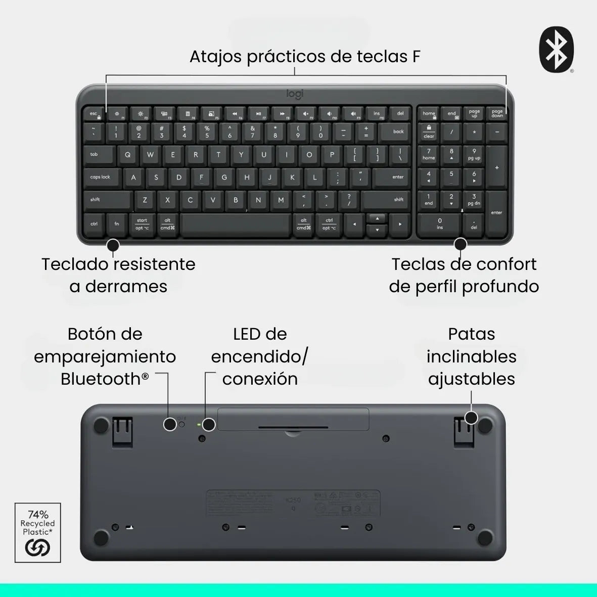 Teclado Inalámbrico Bluetooth Logitech K250 con Diseño Compacto, Blanco
