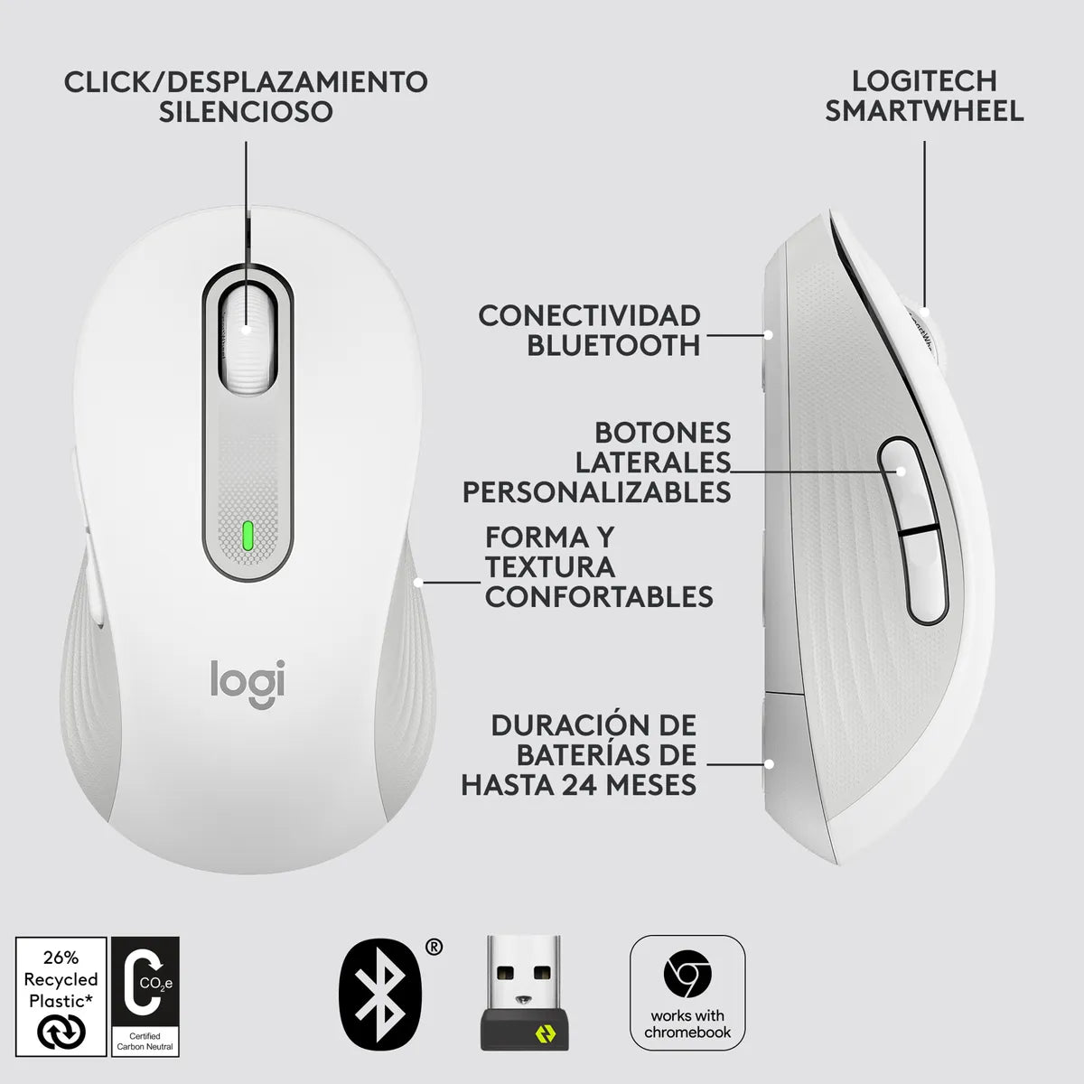 Mouse Inalámbrico BT/Bolt Logitech Signature M650 L con Scroll SmartWheel, Blanco