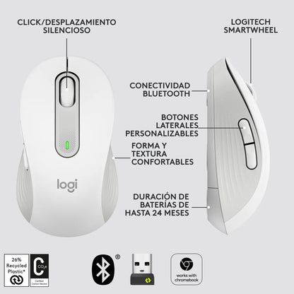 Mouse Inalámbrico BT/Bolt Logitech Signature M650 L con Scroll SmartWheel, Blanco