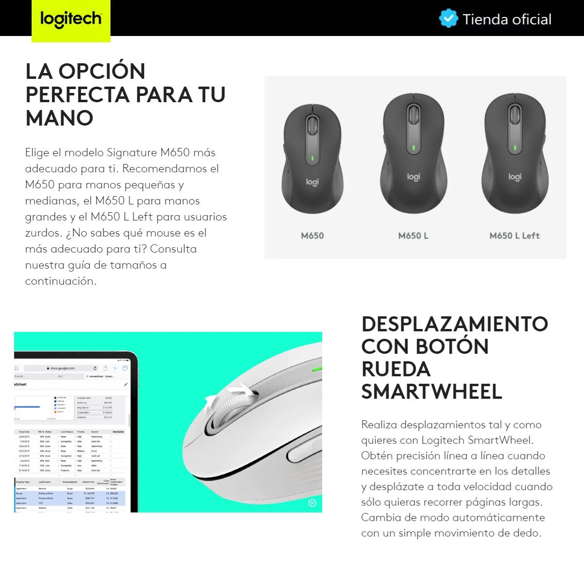 Mouse Inalámbrico BT/Bolt Logitech Signature M650 L con Scroll SmartWheel, Grafito