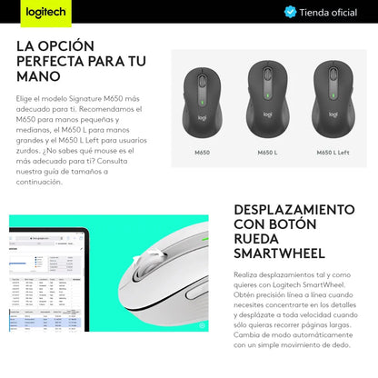 Mouse Inalámbrico BT/Bolt Logitech Signature M650 L con Scroll SmartWheel, Grafito
