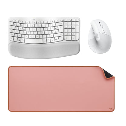 Combo Inalámbrico Logitech Teclado Wave Keys + Mouse Ergonomico Lift + Padmouse DeskMat Lila Rosa